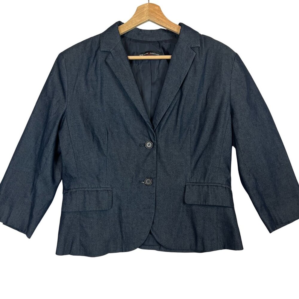 New York & Company Womens 3/4 Sleeve Dark Gray Stretch Blazer Two-Button Closure